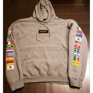 HUF Flags Hoodie Sweatshirt Size L Sleeve Print Gray Pullover